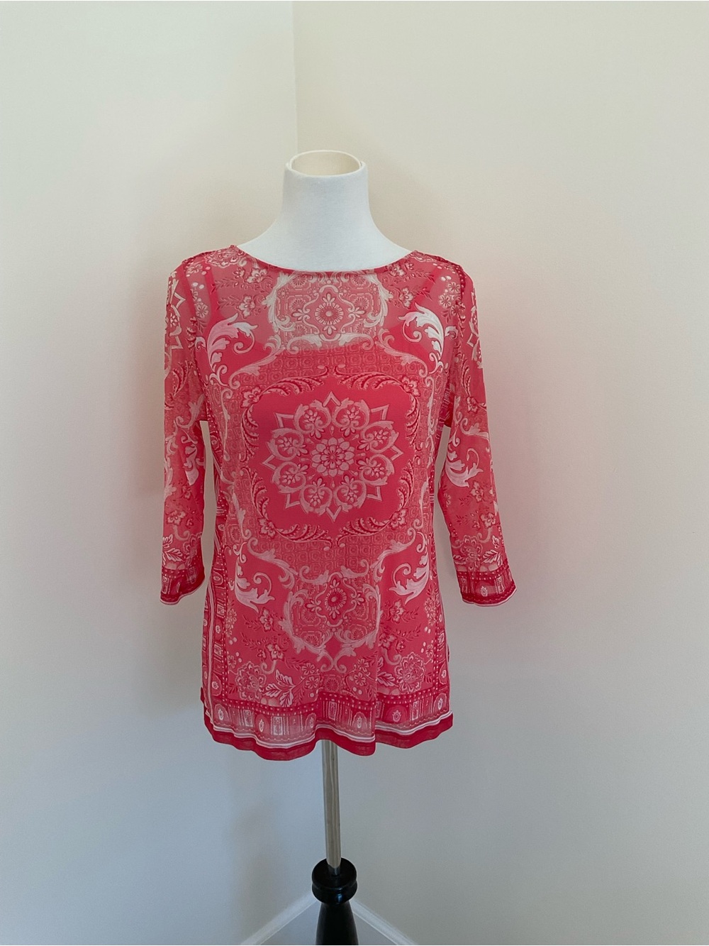 Charter Club 2 Piece Red and Cream Patterned Sheer Tunic Top